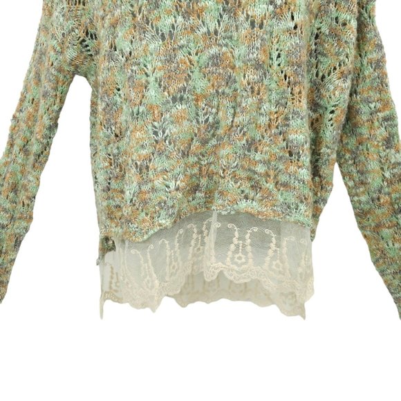 Gimmicks By BKE Pullover Sweater Womens Size L Open Knit Lace Hem Trim Green Tan - Picture 13 of 15